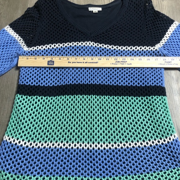 Croft & Barrow Open Knit Sweater Womens Medium Stripes Crochet Lined V Neck - Picture 5 of 11